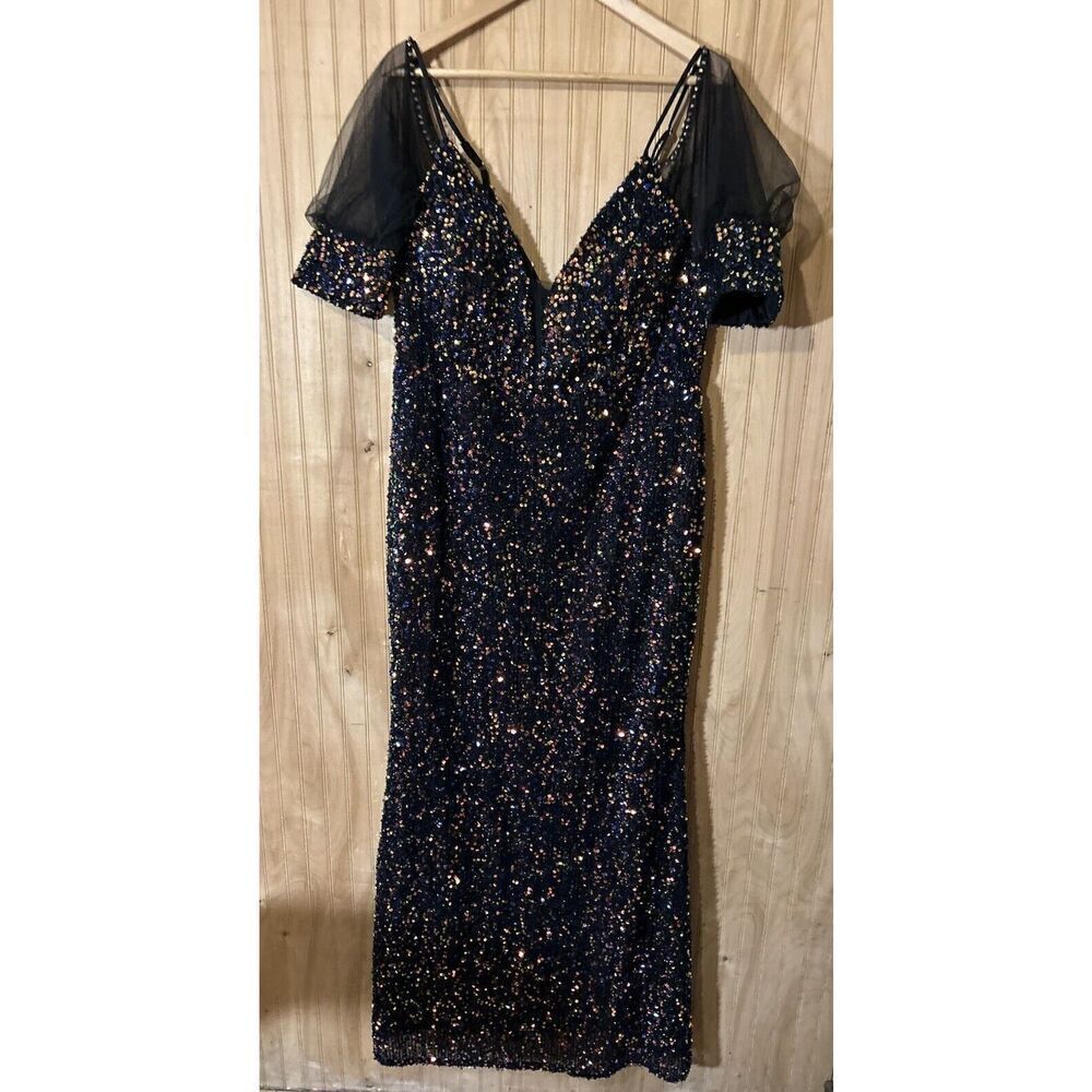 Miss Ord Evening Dress Womens 4XL Black V Neck Short Sheer Sleeve Gown Sequins
